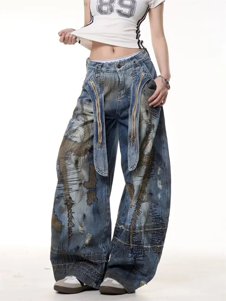 2025 Men's New High Street RO Style Vintage Winter Jeans Heavy Washed Irregular Scimitar Wide-Leg Denim Mid Patchwork Pants