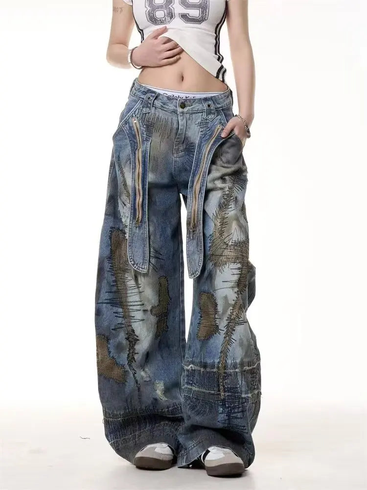 2025 Men's New High Street RO Style Vintage Winter Jeans Heavy Washed Irregular Scimitar Wide-Leg Denim Mid Patchwork Pants