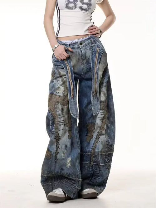 2025 Men's New High Street RO Style Vintage Winter Jeans Heavy Washed Irregular Scimitar Wide-Leg Denim Mid Patchwork Pants