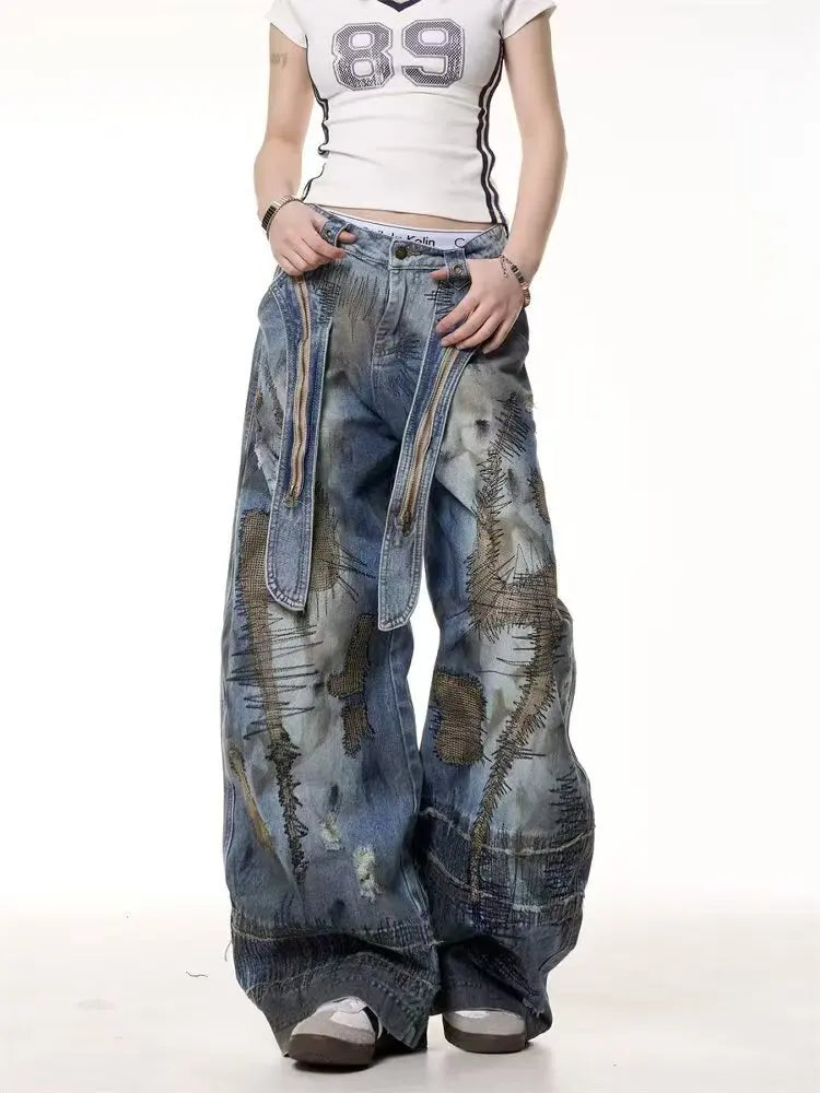 2025 Men's New High Street RO Style Vintage Winter Jeans Heavy Washed Irregular Scimitar Wide-Leg Denim Mid Patchwork Pants