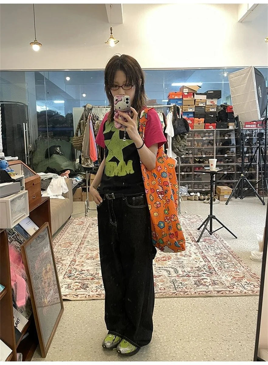 Women's Vintage Embroidered Black Baggy Jeans - Y2K Streetwear