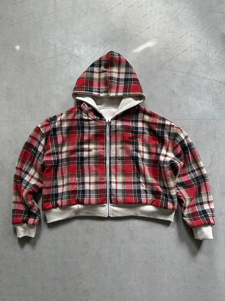 Women's Plaid Reversible Zip Hoodie - Warm Loose Fit