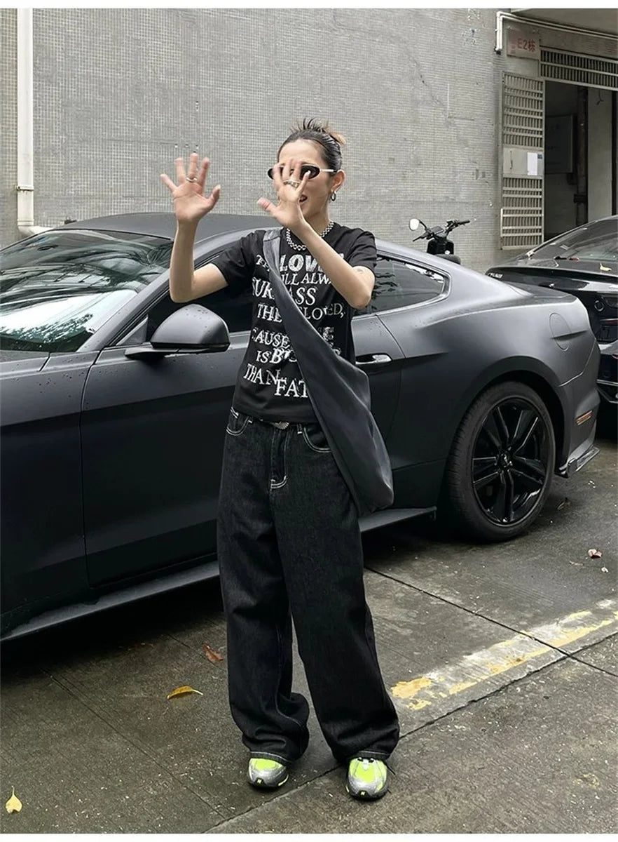 Women's Vintage Embroidered Black Baggy Jeans - Y2K Streetwear