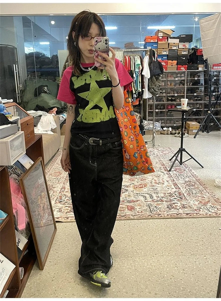 Women's Vintage Embroidered Black Baggy Jeans - Y2K Streetwear