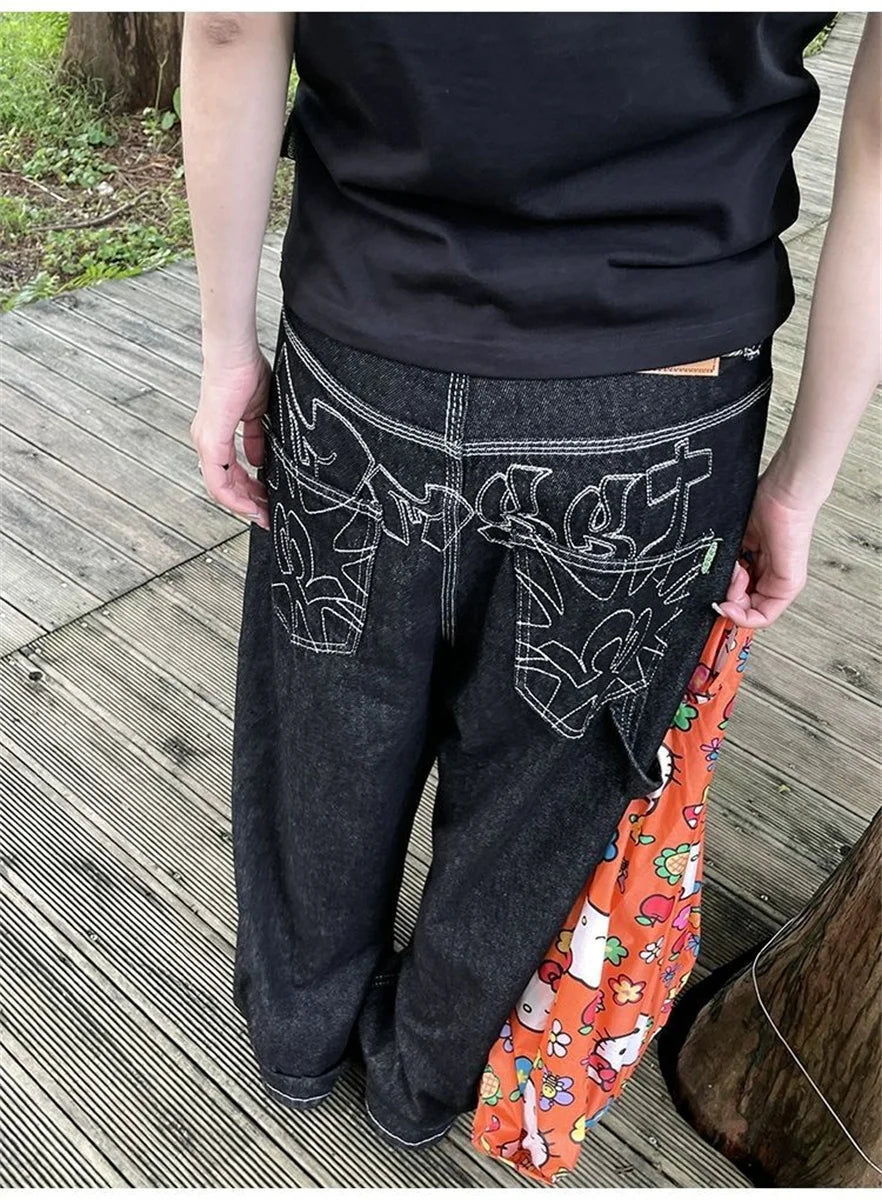 Women's Vintage Embroidered Black Baggy Jeans - Y2K Streetwear