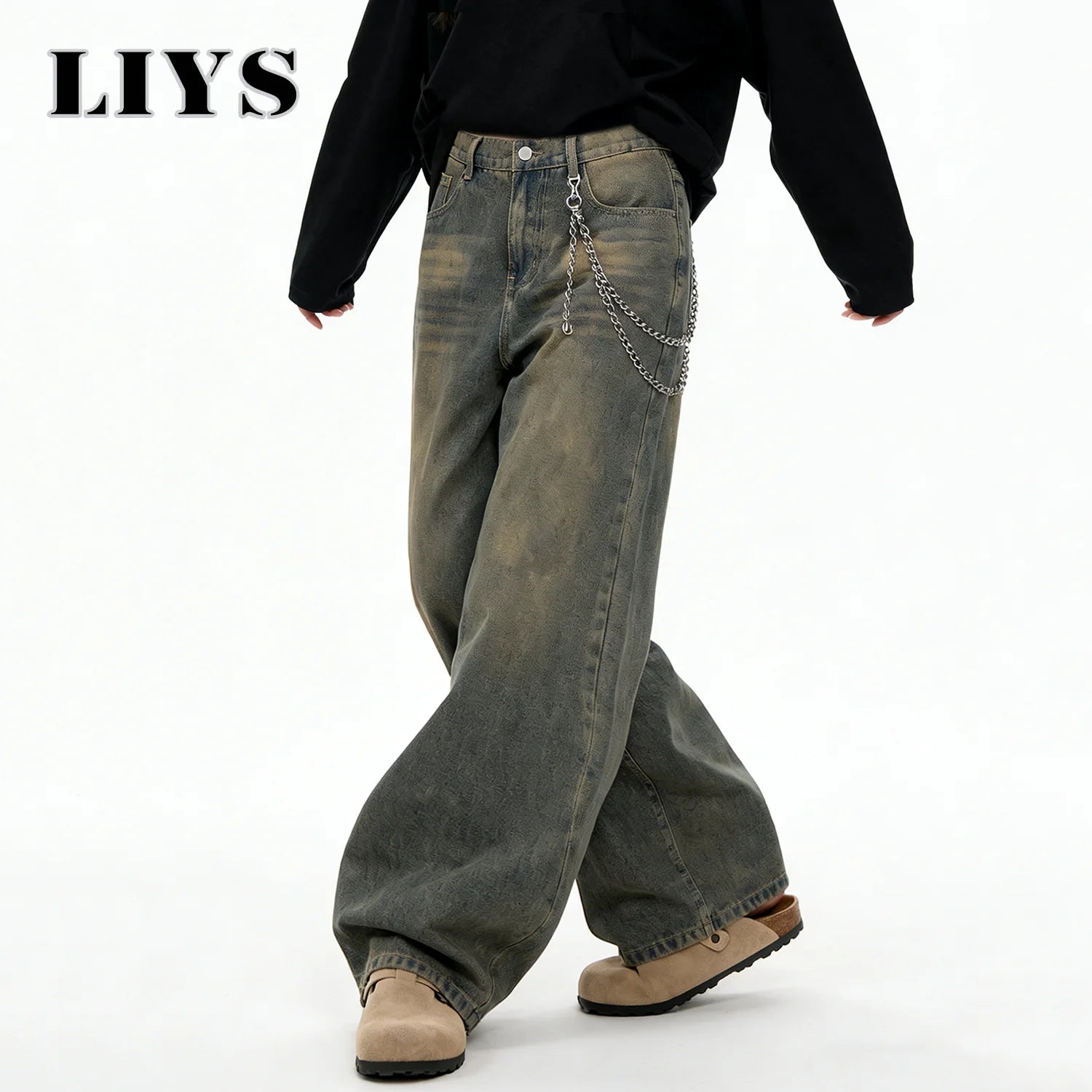 American Retro Baggy Wide Leg Jeans Men's Korea Streetwear Distressed y2k Clothing Casual Daily Four Seasons Denim Pants Unisex