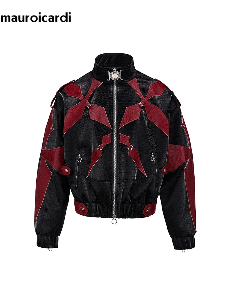 Mauroicardi Spring Autumn Cool Handsome Crocodile Print Patchwork Pu Leather Jacket Men Color Block Luxury Designer Clothes 2024