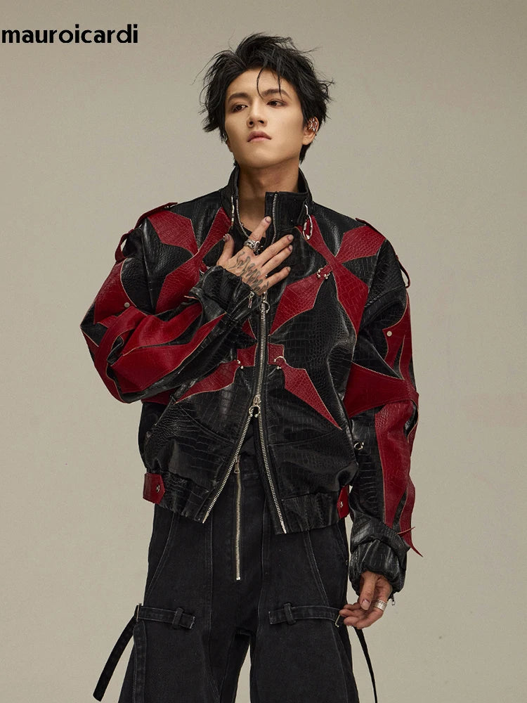 Mauroicardi Spring Autumn Cool Handsome Crocodile Print Patchwork Pu Leather Jacket Men Color Block Luxury Designer Clothes 2024
