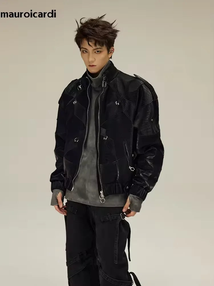 Mauroicardi Spring Autumn Cool Handsome Crocodile Print Patchwork Pu Leather Jacket Men Color Block Luxury Designer Clothes 2024