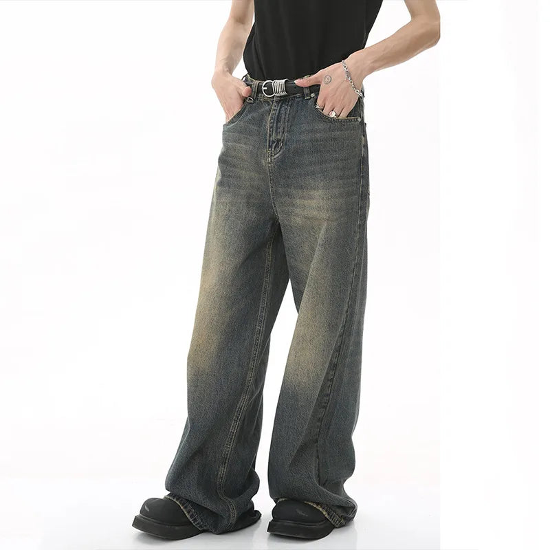 Men's Old Blue Washed Denim Jeans - Loose Wide Leg