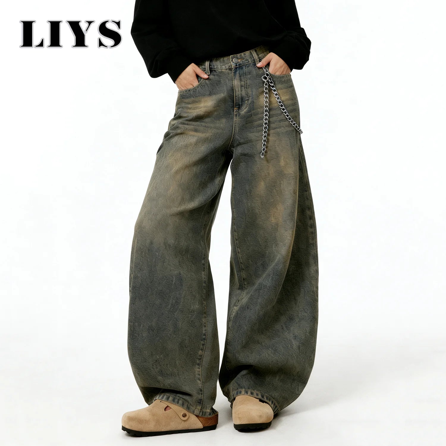 American Retro Baggy Wide Leg Jeans Men's Korea Streetwear Distressed y2k Clothing Casual Daily Four Seasons Denim Pants Unisex