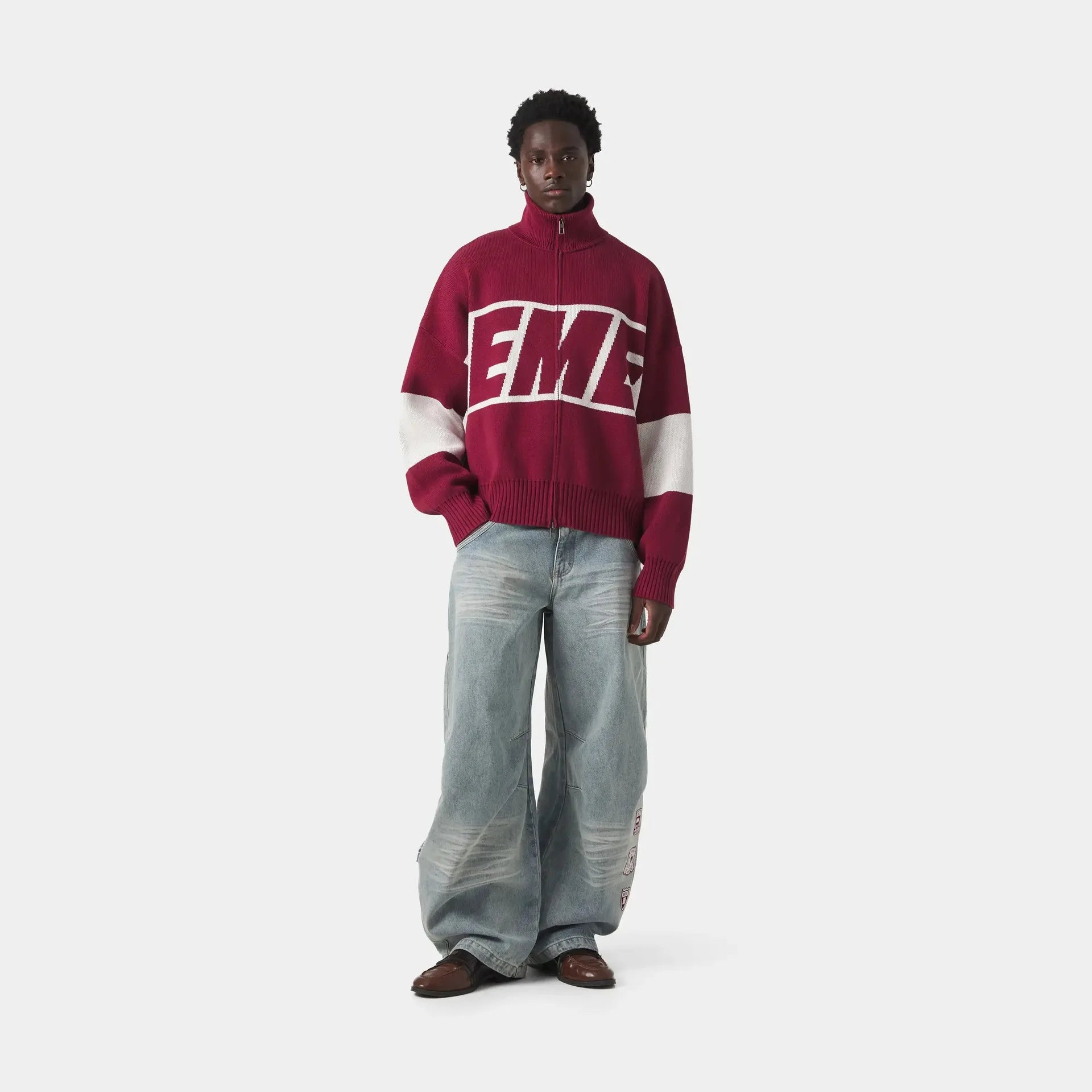 Eme Retro Original Style Color Contrast Letter Knitted Cardigan Y2k American Casual Zipper Sweater For Men And Women