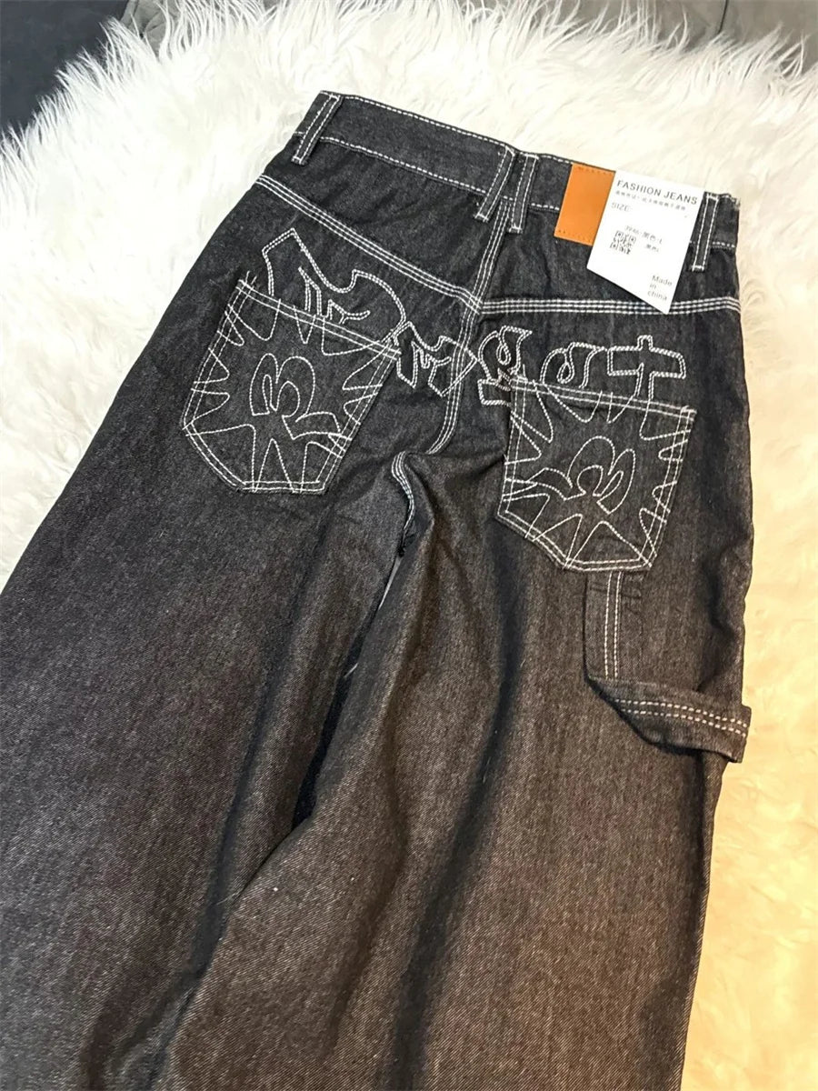 Women's Vintage Embroidered Black Baggy Jeans - Y2K Streetwear