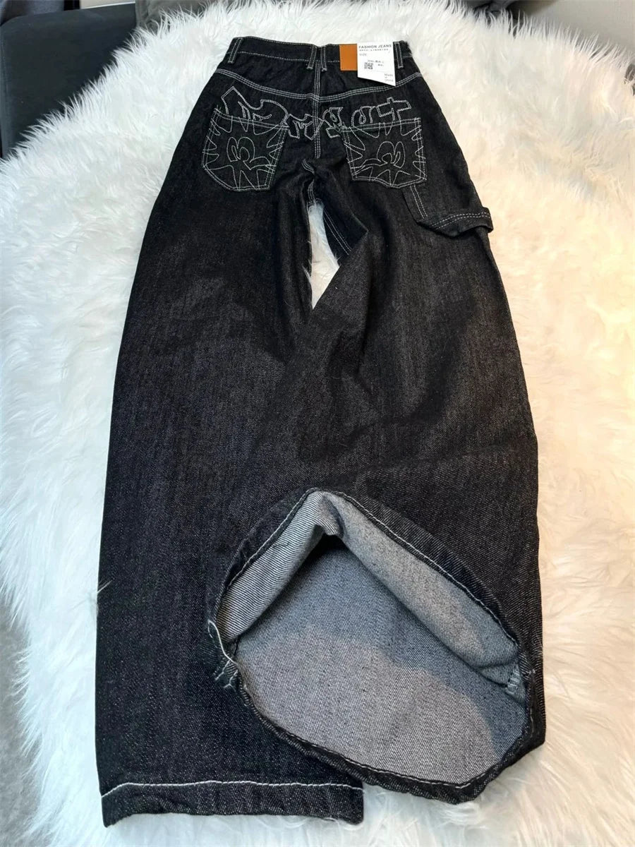 Women's Vintage Embroidered Black Baggy Jeans - Y2K Streetwear