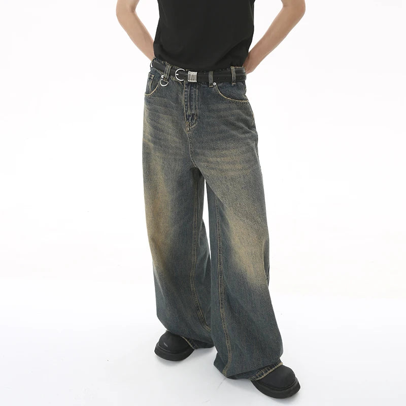 Men's Old Blue Washed Denim Jeans - Loose Wide Leg
