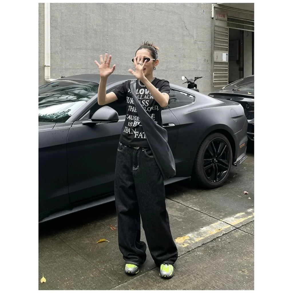 Women's Vintage Embroidered Black Baggy Jeans - Y2K Streetwear
