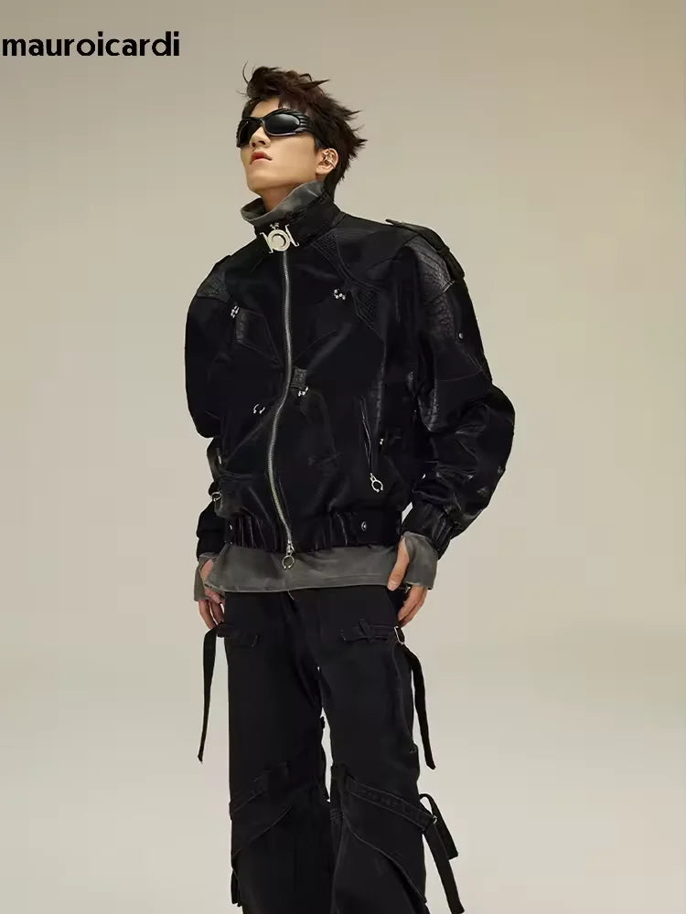 Mauroicardi Spring Autumn Cool Handsome Crocodile Print Patchwork Pu Leather Jacket Men Color Block Luxury Designer Clothes 2024