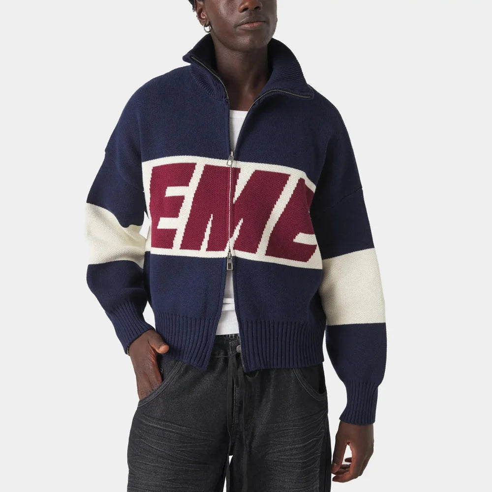 Eme Retro Original Style Color Contrast Letter Knitted Cardigan Y2k American Casual Zipper Sweater For Men And Women