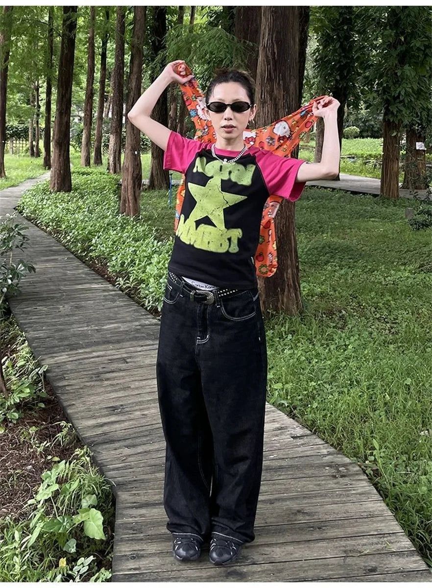 Women's Vintage Embroidered Black Baggy Jeans - Y2K Streetwear