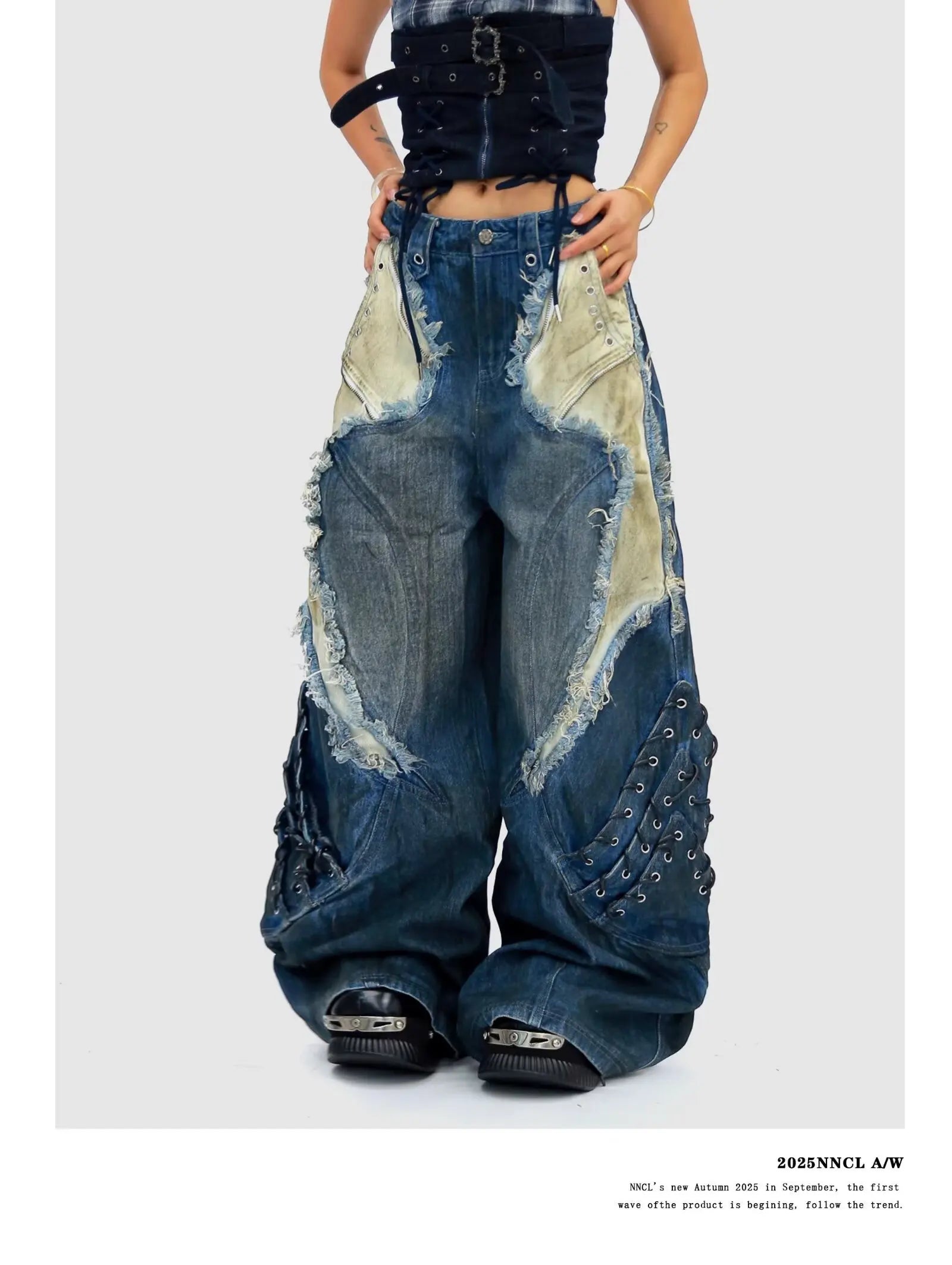 Abandoned soil style vintage ripped jeans for women autumn American design, loose and hanging straight leg wide leg pants