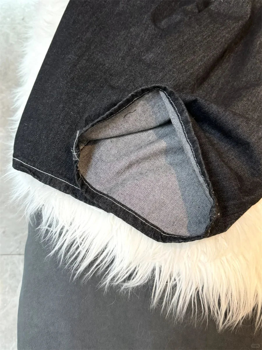 Women's Vintage Embroidered Black Baggy Jeans - Y2K Streetwear