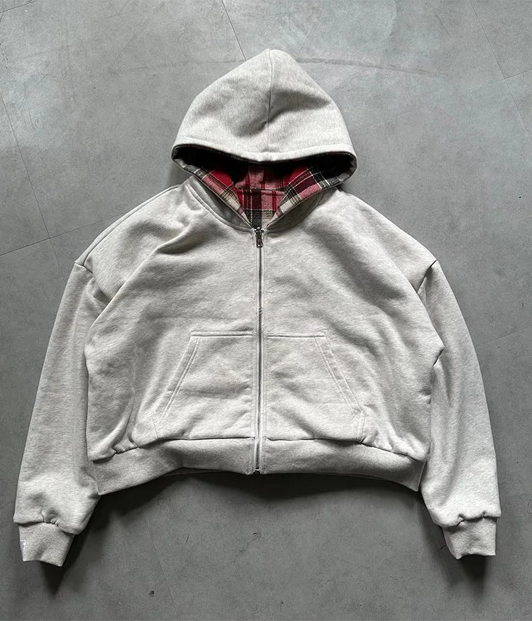 Women's Plaid Reversible Zip Hoodie - Warm Loose Fit