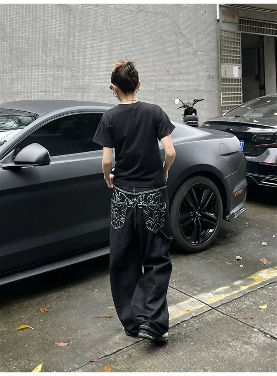 Women's Vintage Embroidered Black Baggy Jeans - Y2K Streetwear