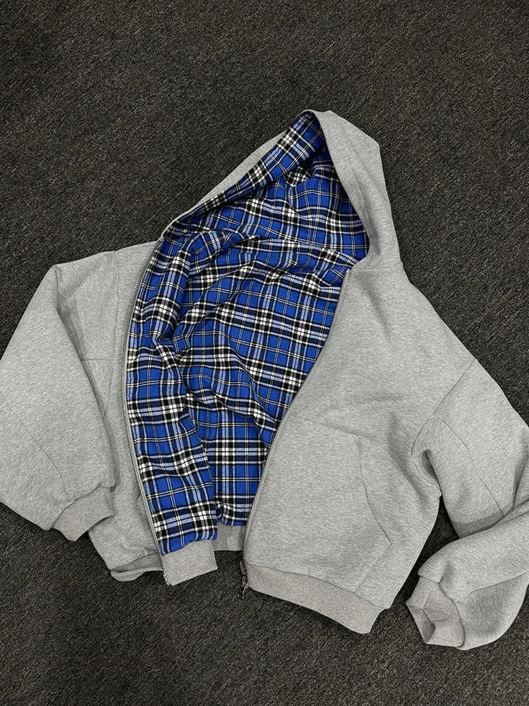 Women's Plaid Reversible Zip Hoodie - Warm Loose Fit