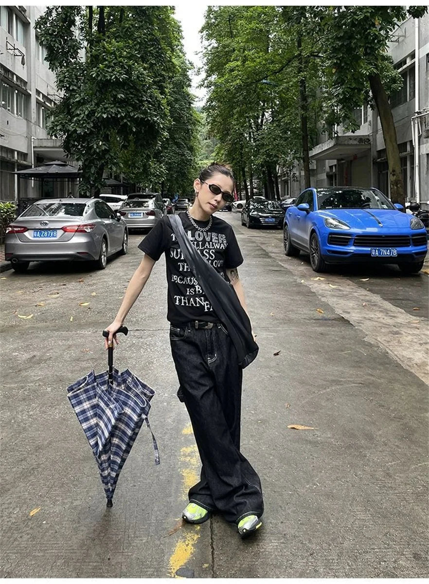 Women's Vintage Embroidered Black Baggy Jeans - Y2K Streetwear