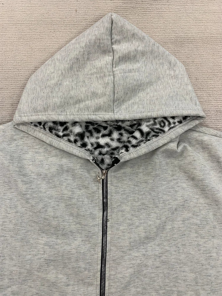 Men's Leopard Print Double Zipper Hoodie - Grey Streetwear