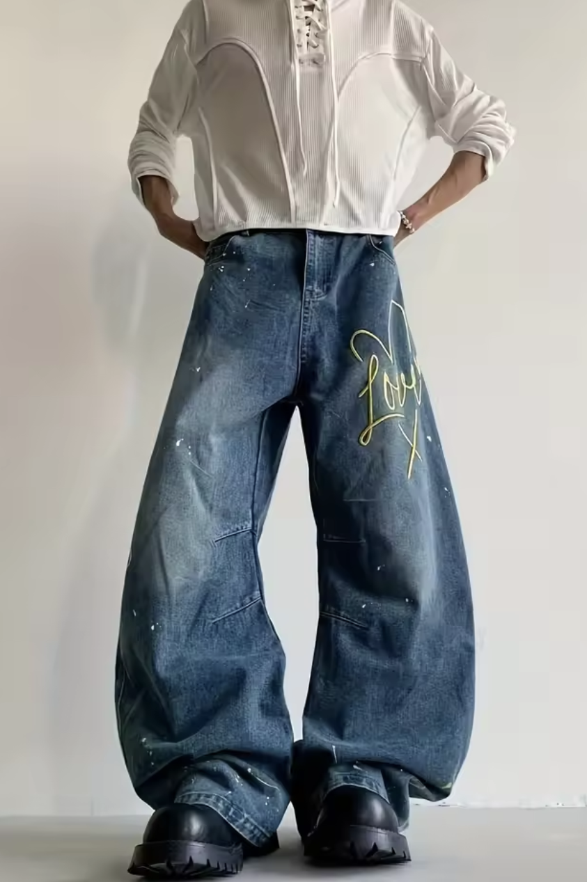 Men's Streetwear Jeans - Loose Fit Wide-Leg Pants with Button Closure, Non-See-Through Fabric for Everyday & Formal Outfits - A