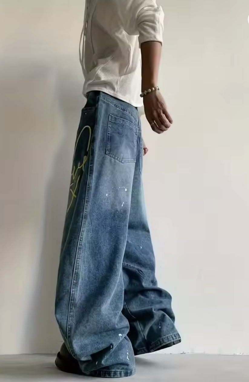 Men's Streetwear Jeans - Loose Fit Wide-Leg Pants with Button Closure, Non-See-Through Fabric for Everyday & Formal Outfits - A