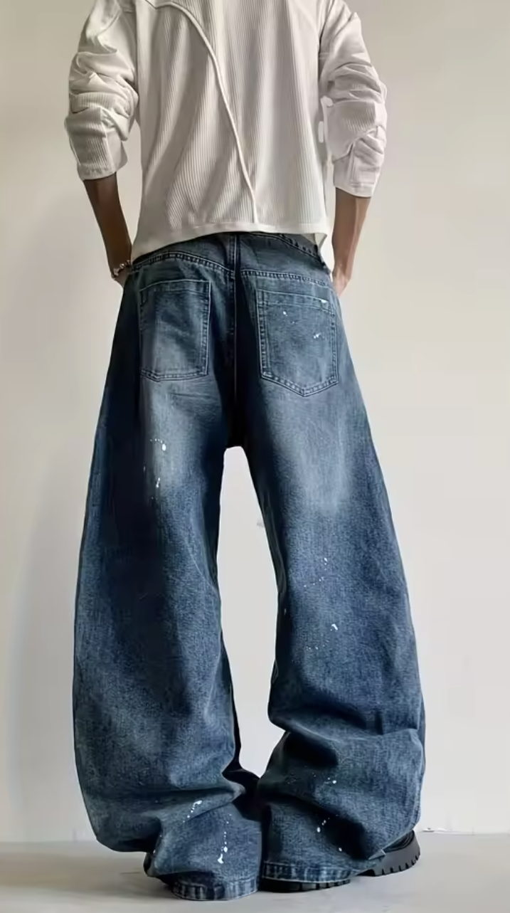 Men's Streetwear Jeans - Loose Fit Wide-Leg Pants with Button Closure, Non-See-Through Fabric for Everyday & Formal Outfits - A