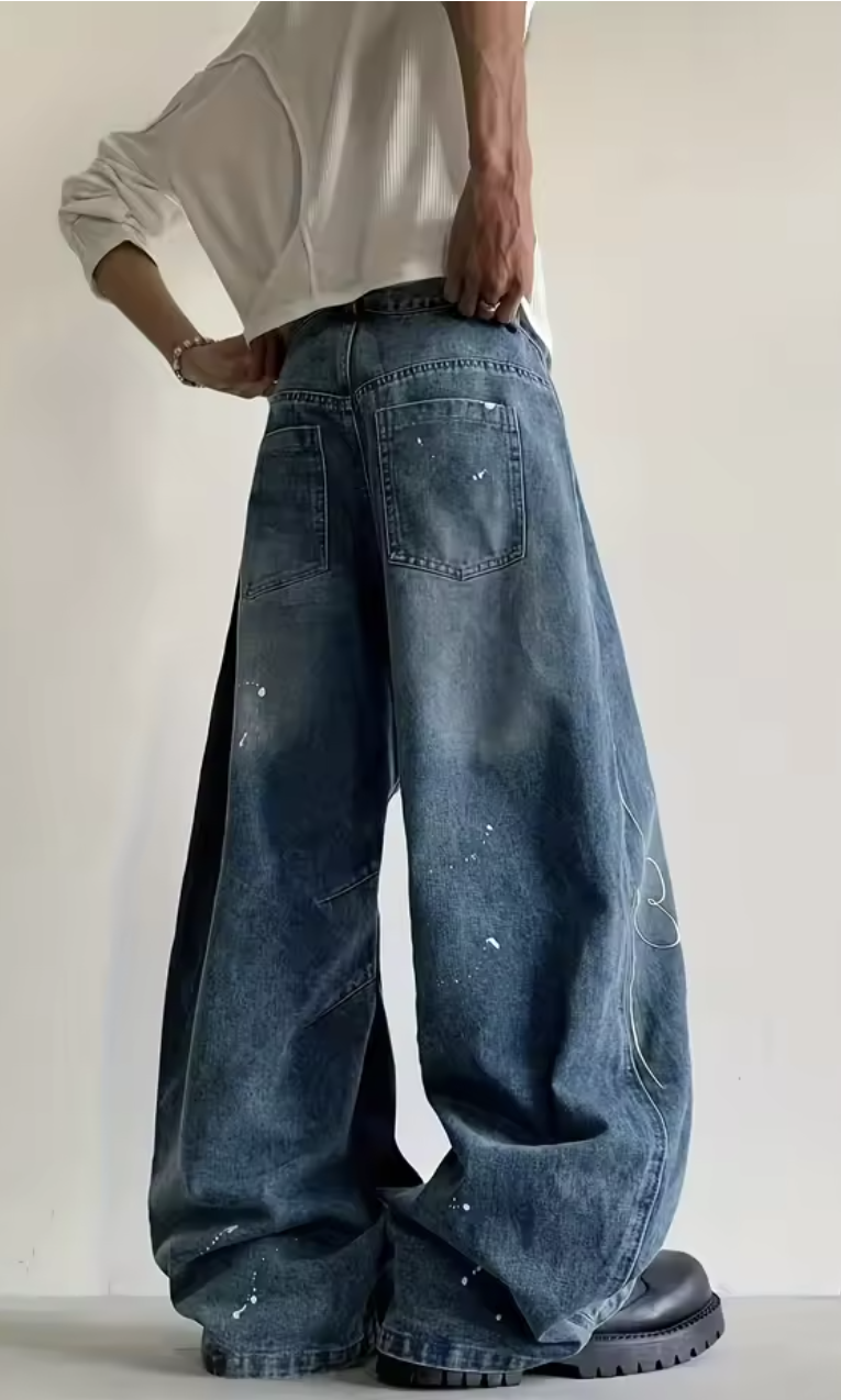 Men's Streetwear Jeans - Loose Fit Wide-Leg Pants with Button Closure, Non-See-Through Fabric for Everyday & Formal Outfits - A