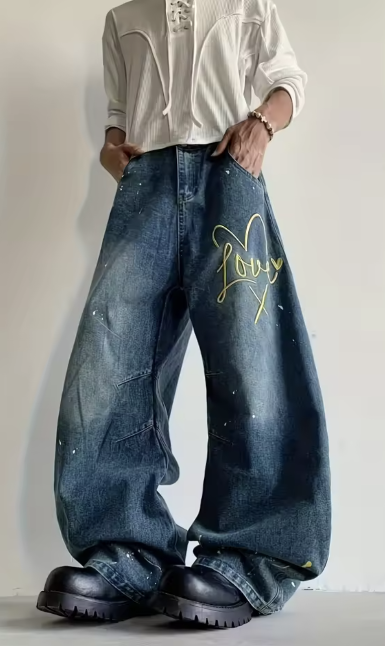 Men's Streetwear Jeans - Loose Fit Wide-Leg Pants with Button Closure, Non-See-Through Fabric for Everyday & Formal Outfits - A