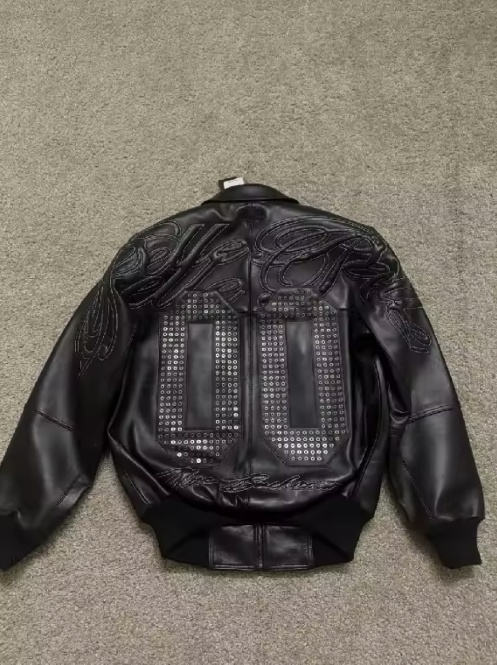 Street Style American Y2K Retro Rivet Leather Jacket Mens Letter Embroidered Hollow Oversized Coat Punk Rock Motorcycle Clothing