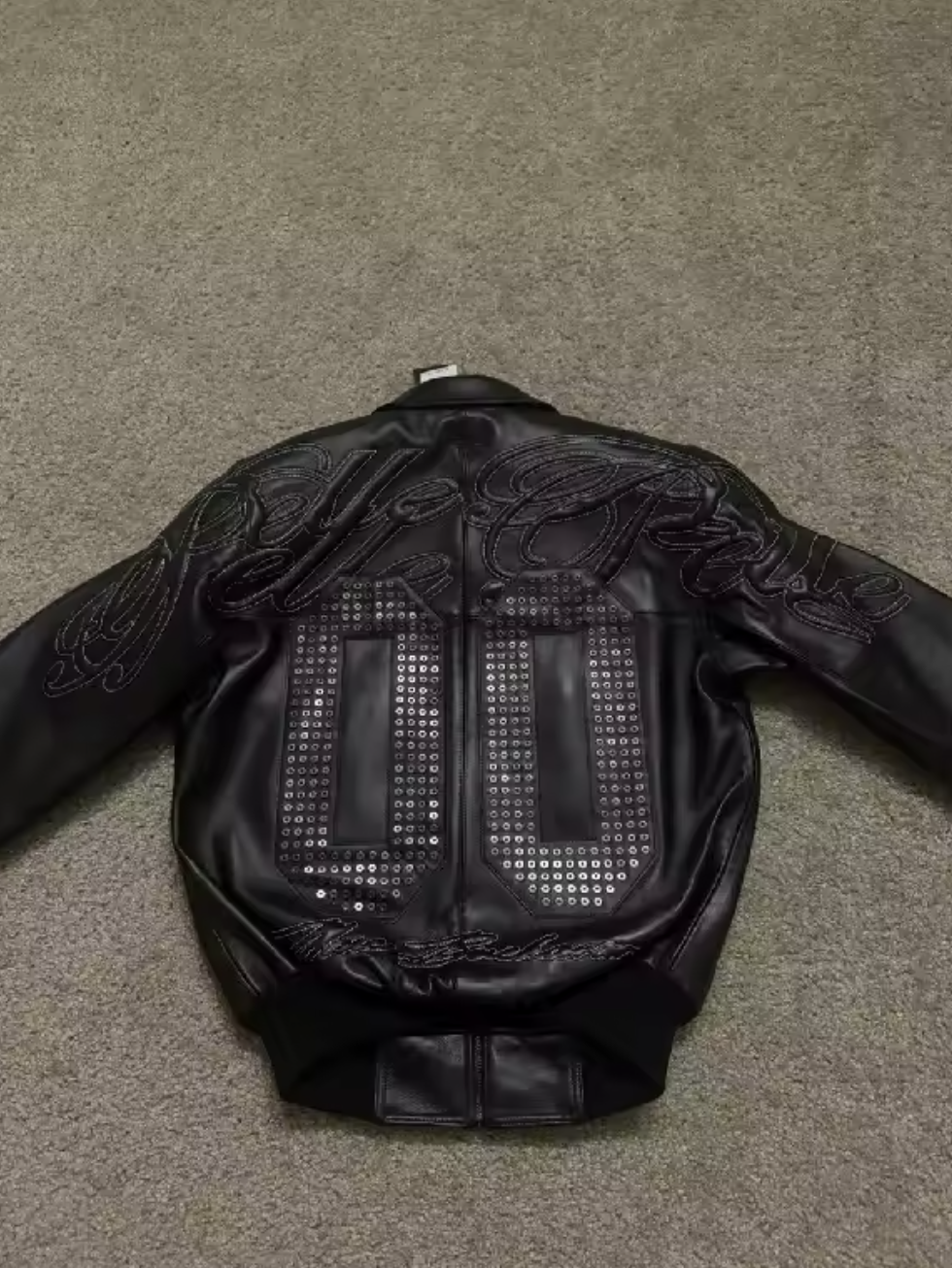 Street Style American Y2K Retro Rivet Leather Jacket Mens Letter Embroidered Hollow Oversized Coat Punk Rock Motorcycle Clothing