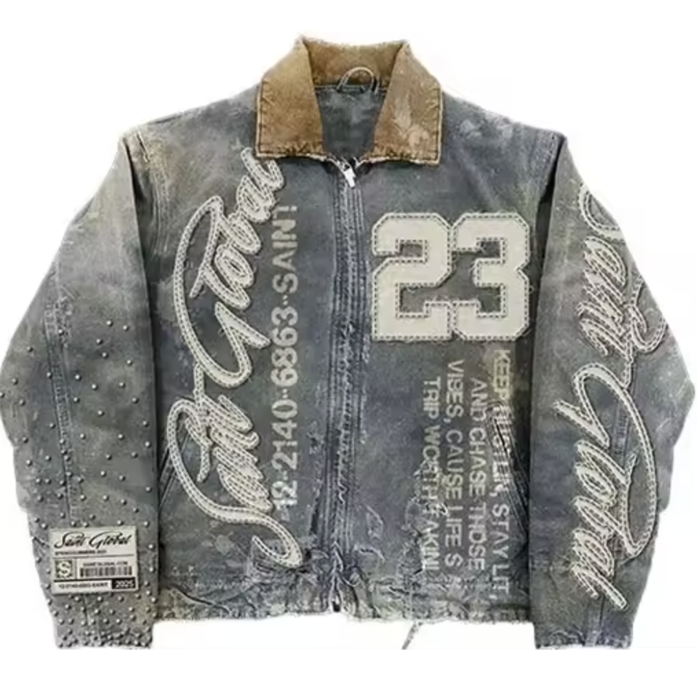 Street Style American Y2K Retro Rivet Leather Jacket Mens Letter Embroidered Hollow Oversized Coat Punk Rock Motorcycle Clothing