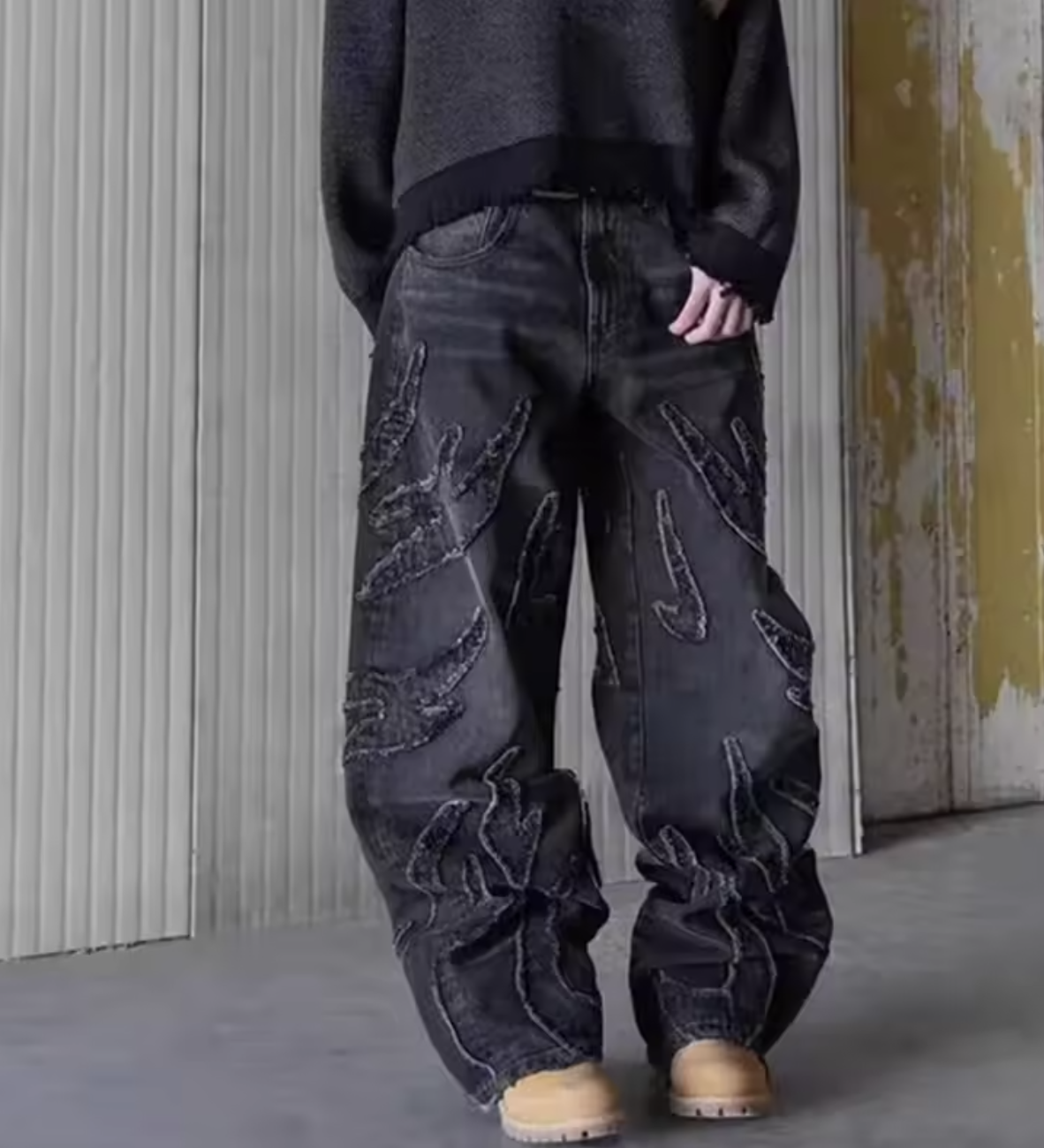 New Men Loose-fit Harajuku Fashion Jeans Male Retro Aesthetic Streetwear Denim Pants Graphic Embroidered Wide Leg Denim Trousers