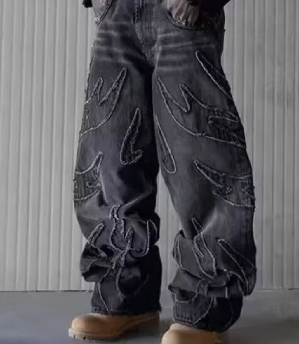 New Men Loose-fit Harajuku Fashion Jeans Male Retro Aesthetic Streetwear Denim Pants Graphic Embroidered Wide Leg Denim Trousers