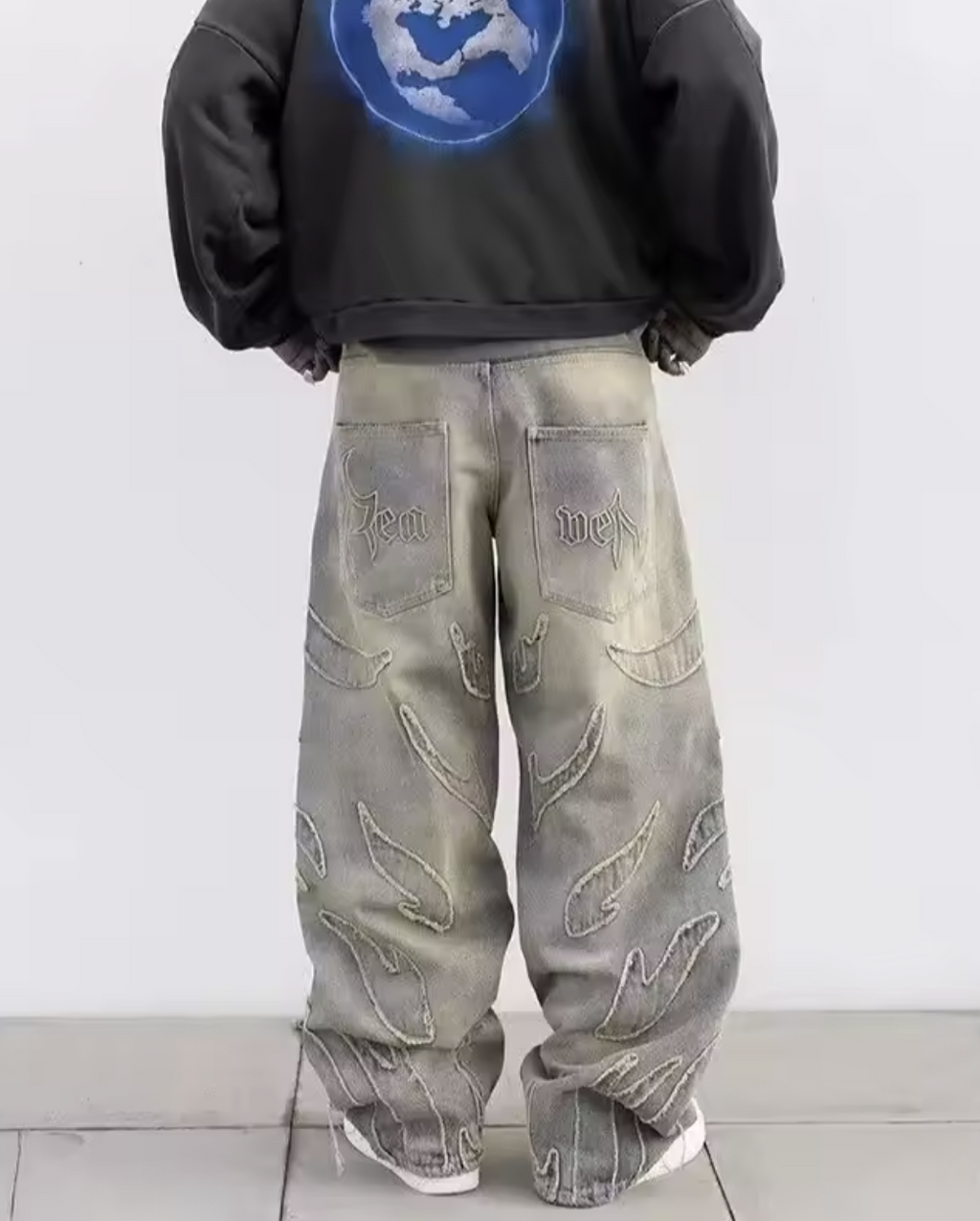 New Men Loose-fit Harajuku Fashion Jeans Male Retro Aesthetic Streetwear Denim Pants Graphic Embroidered Wide Leg Denim Trousers