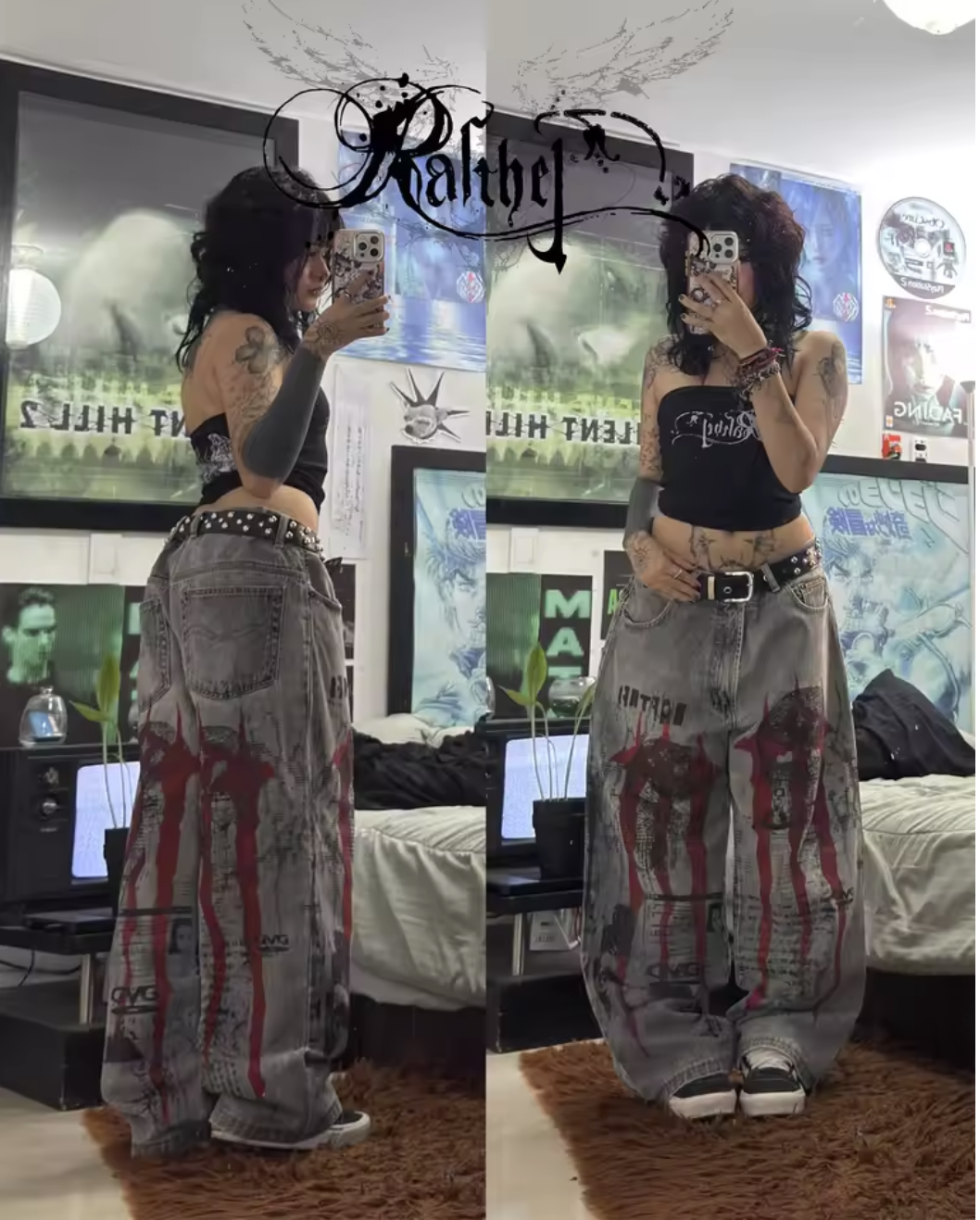 American New Jeans Gray Red Graphic Street Gothic Baggy Y2K Hip Hop High Waist Wide Leg Cyberpunk Alt Denim Pants