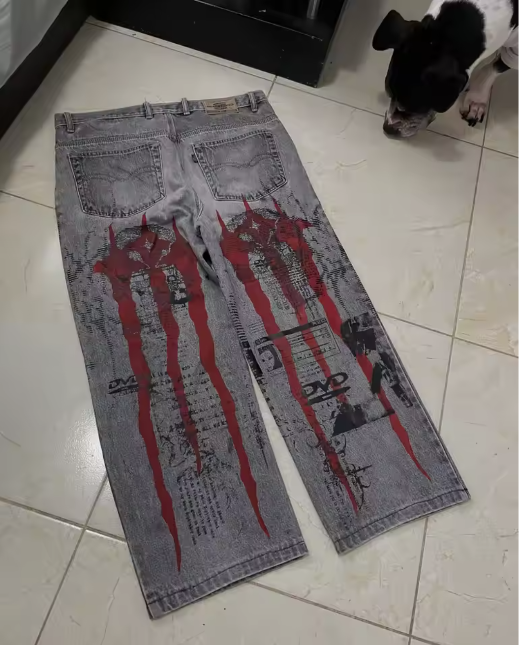 American New Jeans Gray Red Graphic Street Gothic Baggy Y2K Hip Hop High Waist Wide Leg Cyberpunk Alt Denim Pants