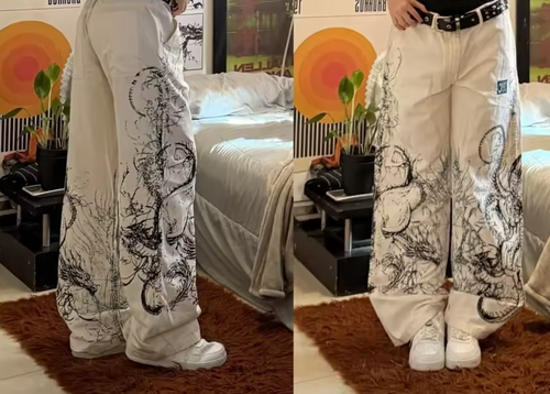 American New Jeans Gray Red Graphic Street Gothic Baggy Y2K Hip Hop High Waist Wide Leg Cyberpunk Alt Denim Pants