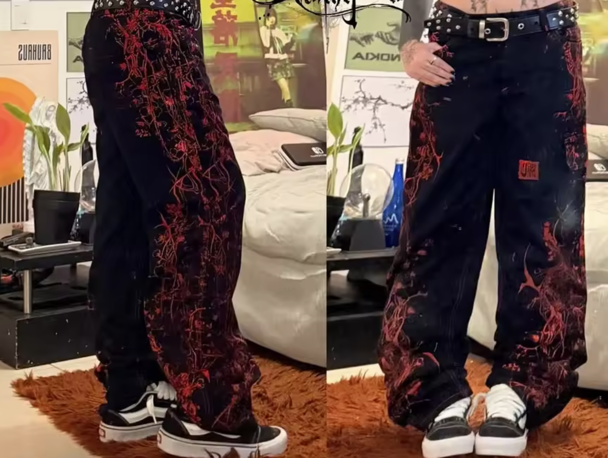 American New Jeans Gray Red Graphic Street Gothic Baggy Y2K Hip Hop High Waist Wide Leg Cyberpunk Alt Denim Pants