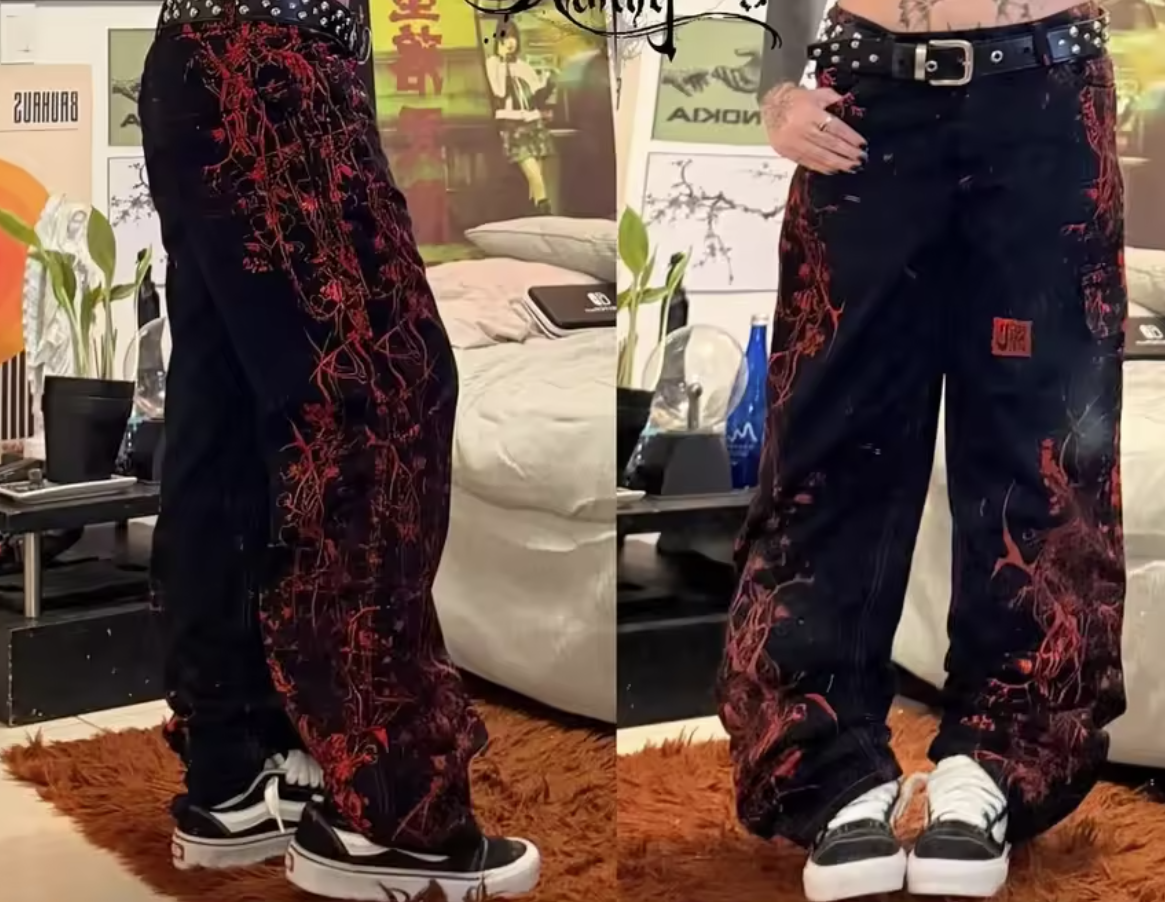 American New Jeans Gray Red Graphic Street Gothic Baggy Y2K Hip Hop High Waist Wide Leg Cyberpunk Alt Denim Pants