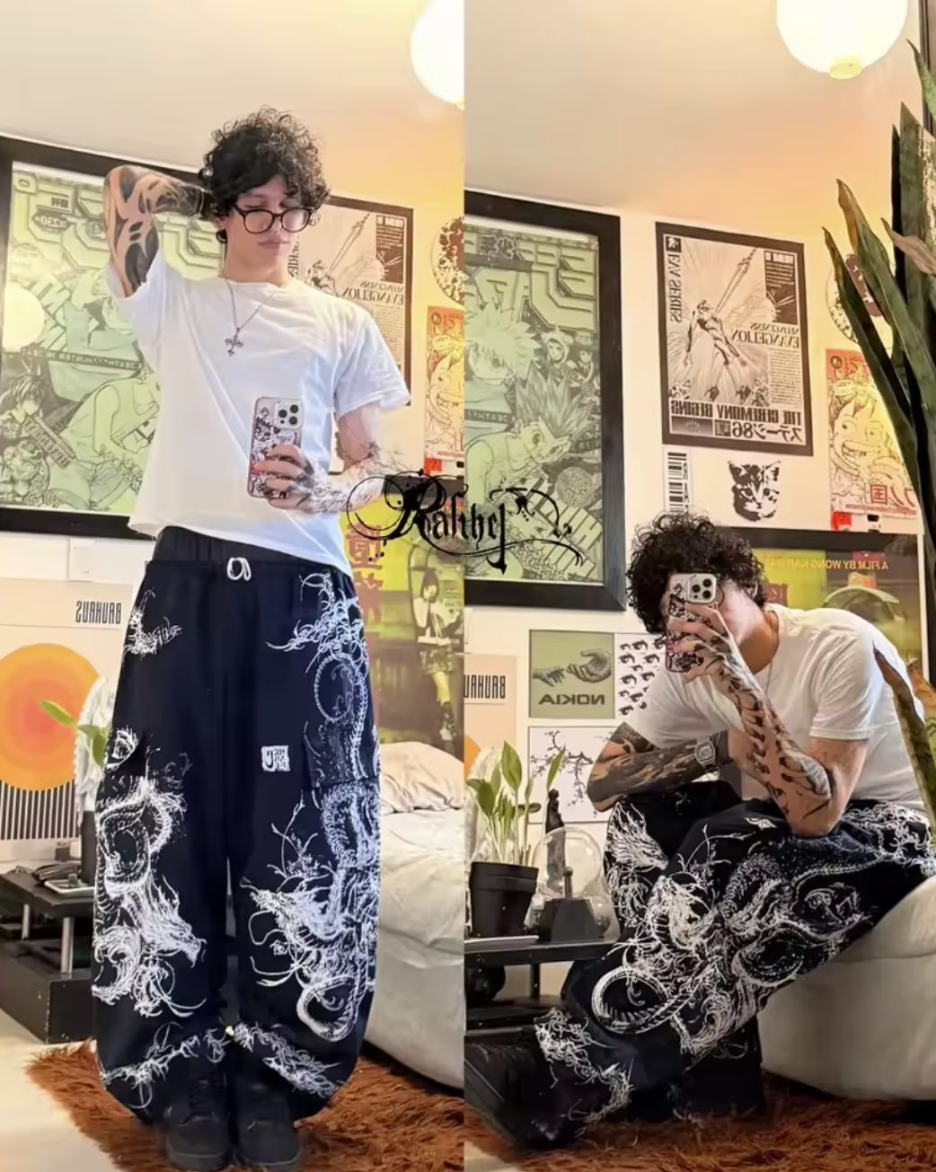 American New Jeans Gray Red Graphic Street Gothic Baggy Y2K Hip Hop High Waist Wide Leg Cyberpunk Alt Denim Pants