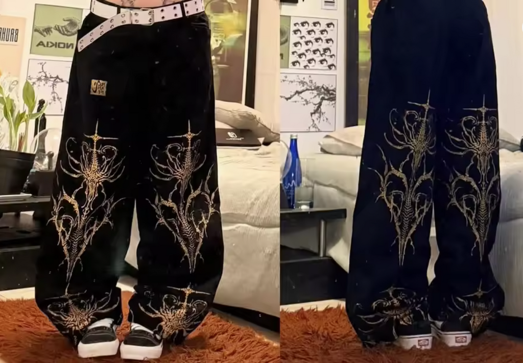 American New Jeans Gray Red Graphic Street Gothic Baggy Y2K Hip Hop High Waist Wide Leg Cyberpunk Alt Denim Pants