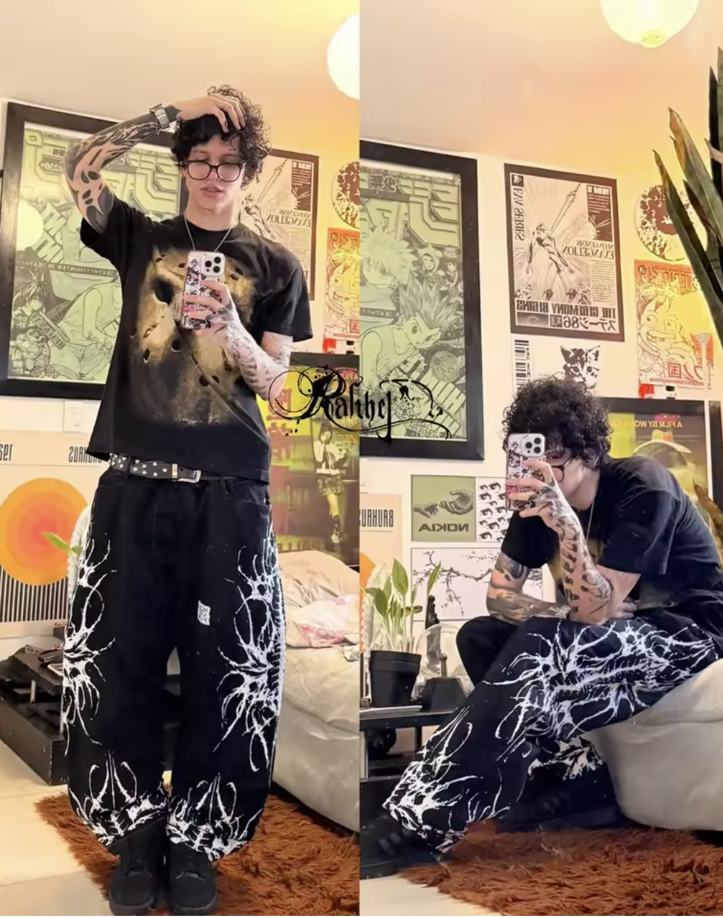 American New Jeans Gray Red Graphic Street Gothic Baggy Y2K Hip Hop High Waist Wide Leg Cyberpunk Alt Denim Pants