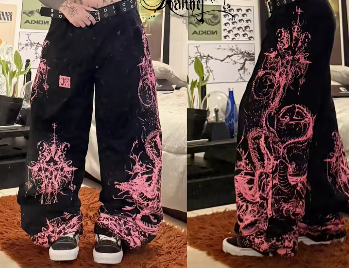 American New Jeans Gray Red Graphic Street Gothic Baggy Y2K Hip Hop High Waist Wide Leg Cyberpunk Alt Denim Pants